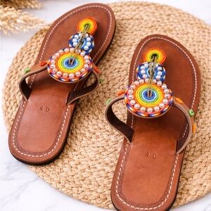 Women’s Brown Beaded Rainbow Thong Sandals